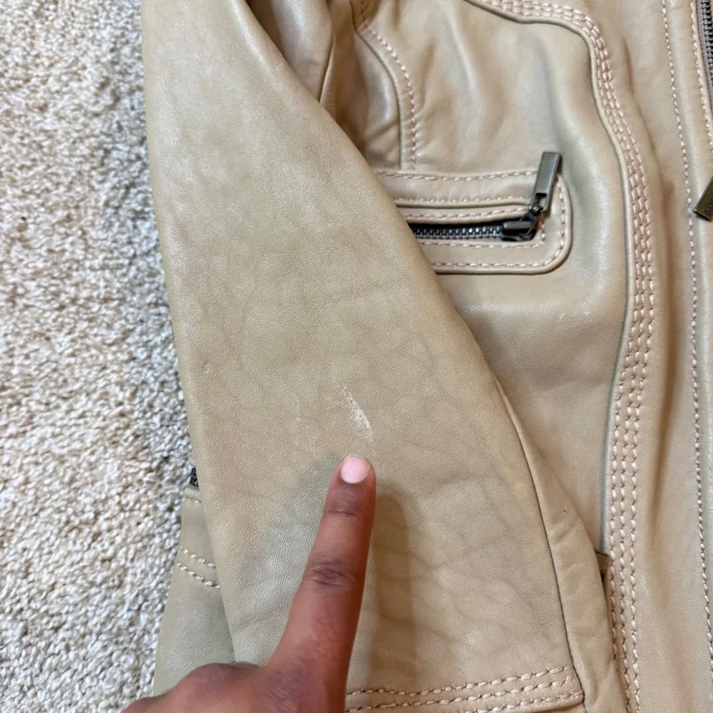 Michael Kors Leather Jacket Women L Tan Beige Vintage Y2K Moto Biker Zip Pocket